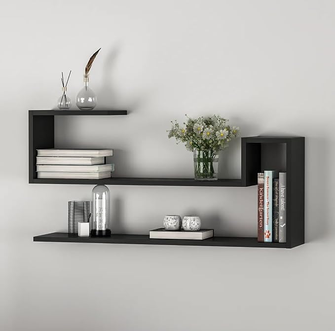Geometric Wall Shelf: Modern MDF Floating Bookshelf (Black)