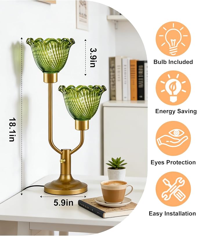 Lightdot Vintage Green Glass Table Lamp for Living Room Dimmable Mid Century Modern Desk Lamp Gold Flower Nightstand Lamp 2 Bulbs Included Warmwhite Ambient Bedside Lamps for Bedroom Home Office Decor