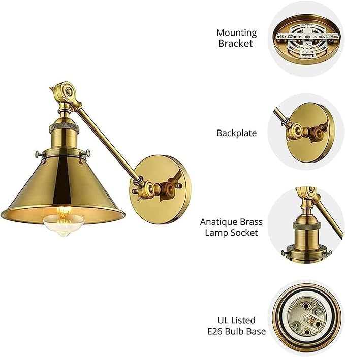 Antique Retro Wall Sconces Industrial Swing Arm Lamp Adjustable Reading Metal Lampshade Light,Light