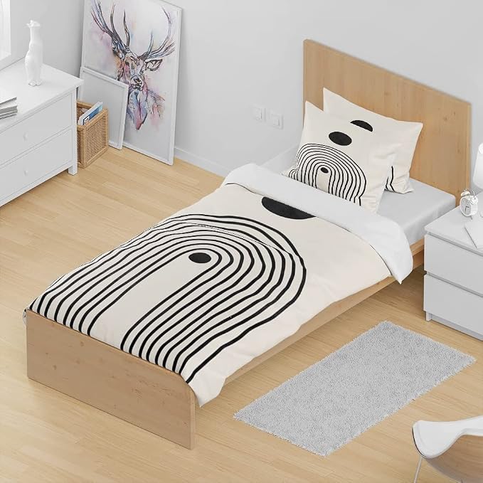 Black Beige Mid Century Modern Duvet Cover Set Twins Size 1 Duvet Cover 2 Pillowcases Abstract Geometric Black Sun Art Boho Comforter Cover Microfiber Soft Bedding Sets with 2 Pillowcover