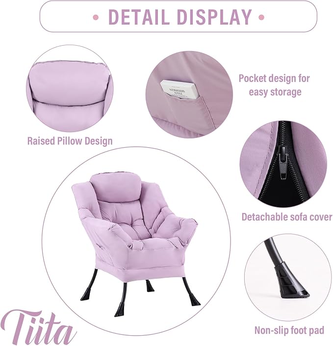 Tiita Lazy Chair with Ottoman, Purple Modern Large Accent Chair, Comfy Leisure Sofa Armchair with Ottoman, Reading Chair with Footrest for Bedroom, Living Room, Dorm Rooms, Purple
