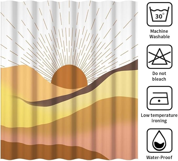 Mid Century Boho Shower Curtain Set Abstract Orange Sunrise Mountain Bathtub Curtains Brown Retro Minimalist Aesthetic Bathroom Decor Machine Washable Waterproof Polyester Fabric with Hooks 69x75 Inch