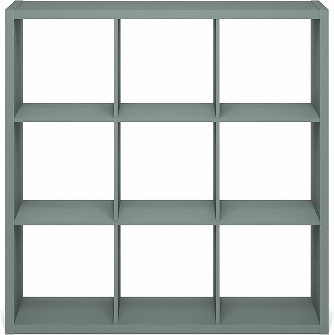 Furinno Cubicle Book Shelf, 9-Cube Bookshelf, Extra Thick Frame Reversible Bookcase with Open Back, 14.6" x 44" x 44", for Living Room, Bedroom, Home Office, Sage Green