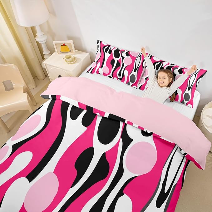 Erosebridal Organic Geometric Duvet Cover Set Modern Abstract King Bedding Set for Adult Men Retro Mid Century Comforter Cover Modern Fluid Art Irregular Circles Bed Sets,Fuchsia Pink