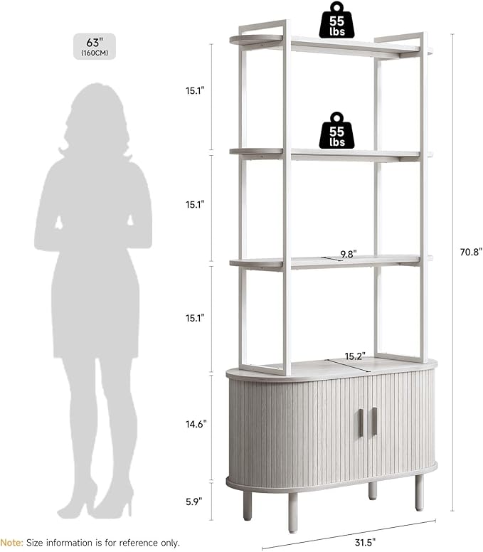 ONBRILL 71" Tall Bookshelf, 4-Tier Book Shelf with Storage Cabinet, Modern Bookcase with Sliding Door and Adjustable Footpad, Freestanding Storage Organizer Bookshelf for Living Room, Natural White