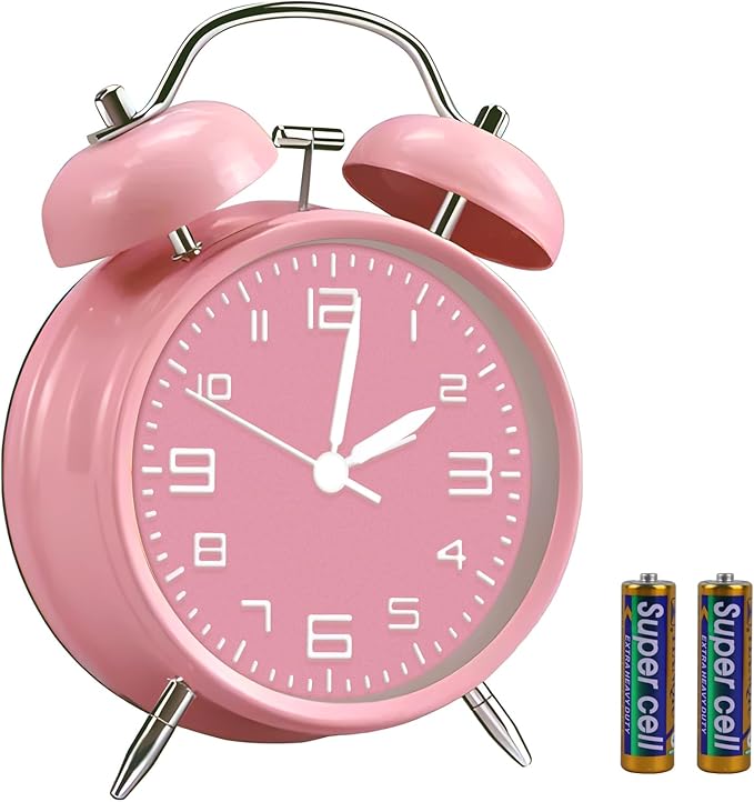 pxy Loud Alarm Clock for Heavy Sleepers 3D Dial Battery Operated (Battery Include), 4" Super Silent Analog Alarm Clock for Kids with Night Light PT260 Silver OrangePT505 Pink