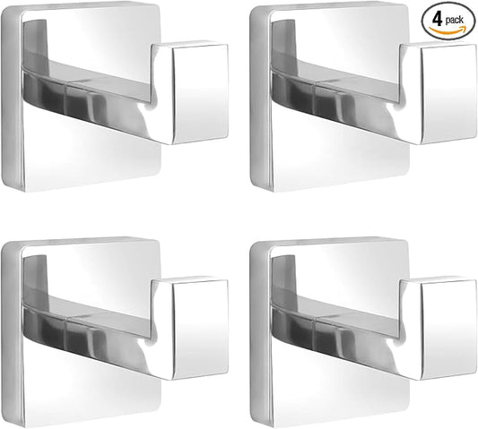 Towel Hooks for Bathrooms Robe Hook Coat Hook 4 Pack Polished Chrome Stainless Steel Heavy Duty Wall Mounted Square Hooks for Bathroom Kitchen Bedroom