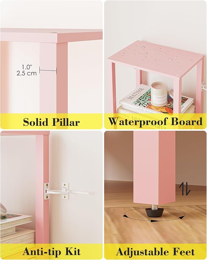 Open Book Shelf with LED Lights, 4 Tier Small Bookshelf, Freestanding Shelf Narrow Bookcase with Open Shelves, 14.96" x 10.63" x 41.26", Book Shelves for Living Room, Office, Study, Pink