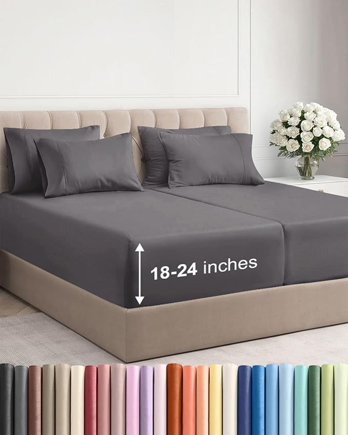 Extra Deep Split King Sheet Set - 7 Piece Breathable and Cooling Sheets - Hotel Luxury Bedding for Women, Men, Kids & Teens - Easy Secure Fit - Soft and Wrinkle Free - Extra Deep Pockets - Dark Grey
