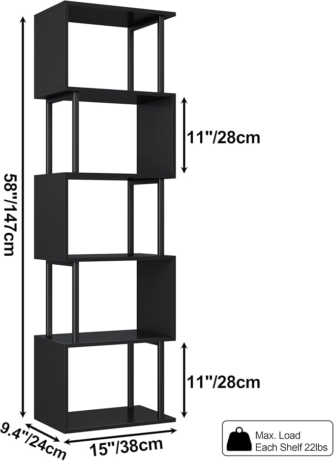 Yusong Bookshelf 5-Tier, Geometric Bookcase S Shaped Book Shelves for Bedroom, Modern Wood Decorative Display Shelf Corner for Home Office, Black