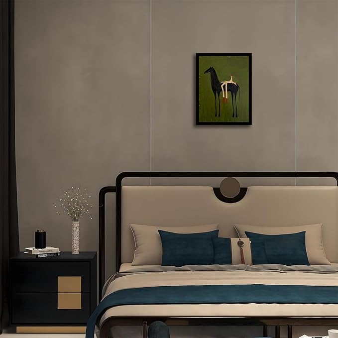 Abstract Horse Wall Art with Wooden Frame – Vintage Surreal Horse and Figure Painting, Olive Green Textured Minimalist Artwork, Retro Modern Framed Wall Decor Print 16×24 Inch