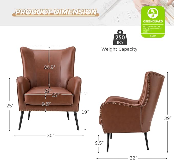 HULALA HOME Faux Leather Accent Chair Set of 2 with Removable Cushion, Comfy Upholstered Armchair with Metal Legs & Nailhead Trim Wingback Vanity Chair for Reading Living Room Bedroom, Brown