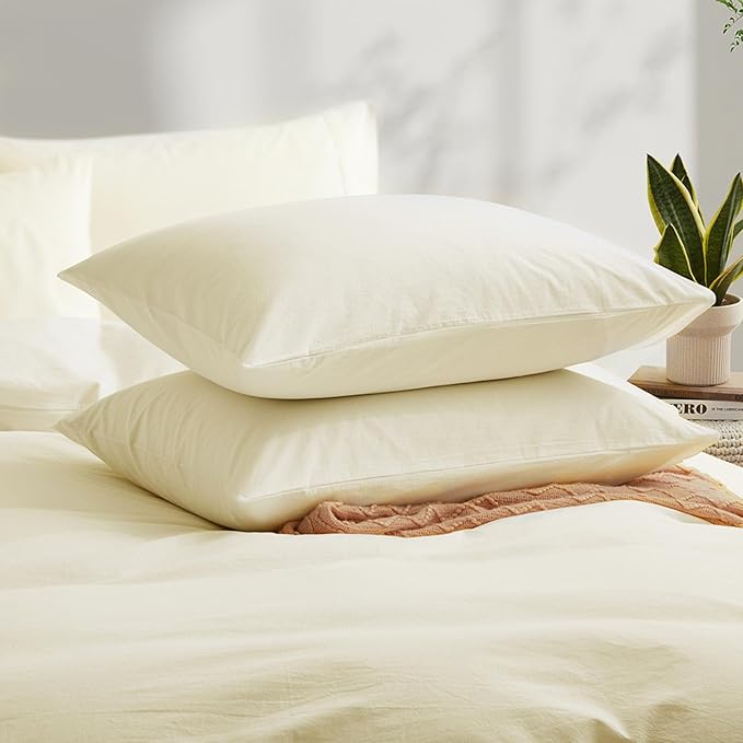 Cream White Cotton Duvet Cover Full Size, Linen-Like Natural Bedding Set with Zipper Closure (No Comforter), Full Size, Duvet Cover (80"x90") x 1, Pillowsham(20"x26") x 2