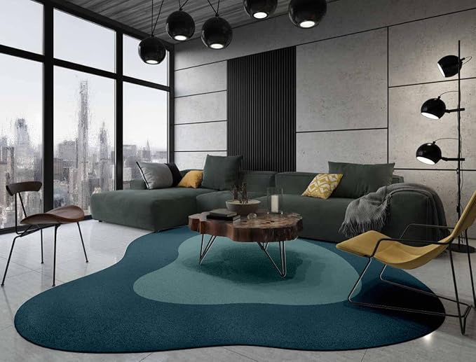 Minimalist Irregular Area Rug 2ft Modern Abstract Shaped Rug for Living Room Bedroom Diningroom Non Slip Washable Carpet Boho Art Home Office Guestroom Easy Clean Stain Resistant Floor Mat Teal Blue