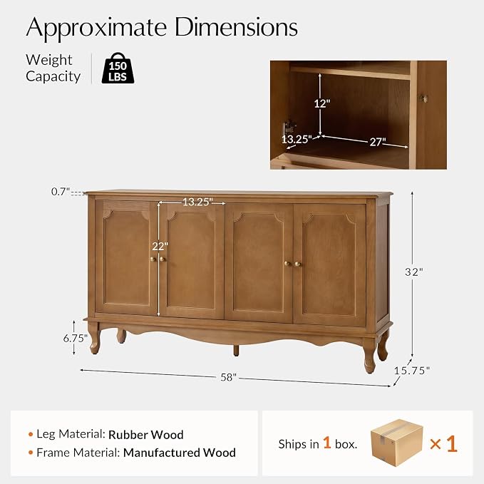 HULALA HOME Sideboard Buffet Cabinet with Storage, 58" Kitchen farmhouse Wood Credenza Storage Cabinet with 4 Doors and 2 Shelves, Accent Console Table with Solid Wood Legs & Adjustable Shelves, Acorn