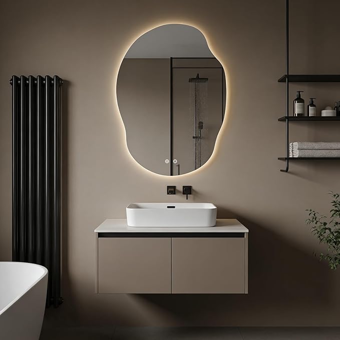 LED Bathroom Mirror with Lights, Asymmetrical Irregular Backlit Vanity Mirror, 35" H x 25" W, Anti-Fog, Dimmable 3 Color Temperature, Memory Function, Hardwired Wall Mounted, Horizontal or Vertical