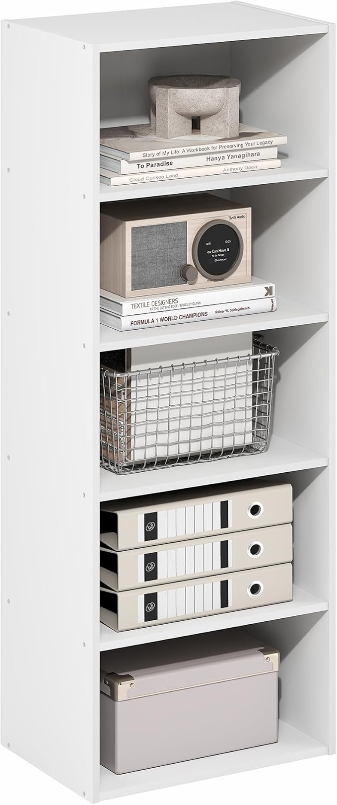 Furinno Basic Book Shelf, 5-Tier Bookshelf, Storage Organizer Bookcase with Open Shelf, 11 x 17 x 44, for Living Room, Bedroom, Home Office, White