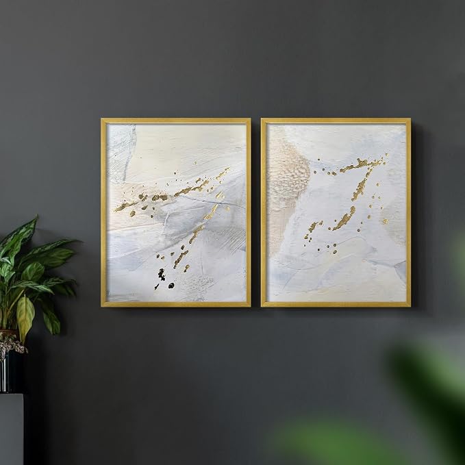 Renditions Gallery Set of 2 Peel & Stick Framed Prints, Modern Abstract Wall Art, Gold Sprinkle Oil Painting Wall Decor, Re-Stickable - Ready to Hang - 8"x10" - GOLD Frame LT588