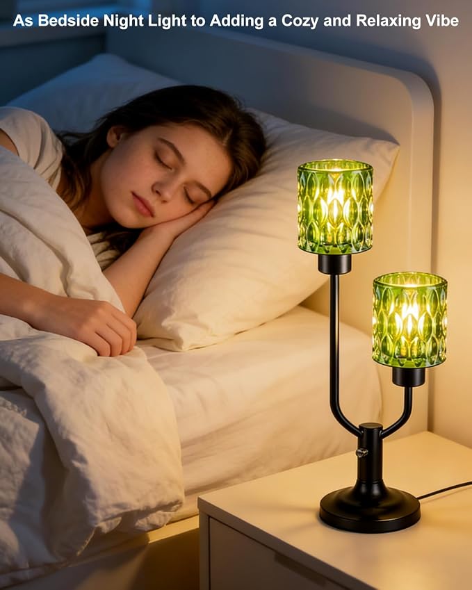 Lightdot Vintage Table Lamp for Living Room Dimmable Nightstand Lamp Mid Century Modern Green Glass Black Desk Lamp 2 Bulbs Included Warmwhite Ambient Bedside Lamps for Bedroom Home Office Decor Gift