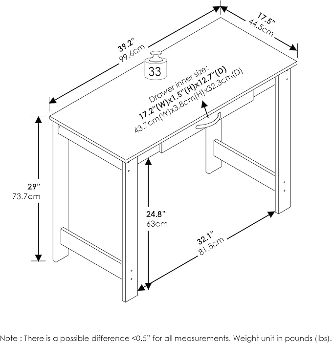 FURINNO Jaya Writing Desk For Residential Use With DrawerBlack, Blackwood, Large
