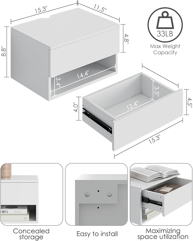 Floating Nightstand, Small Modern Floating Nightstand with Drawer, Floating Shelves for Bedroom, Bathroom (White)