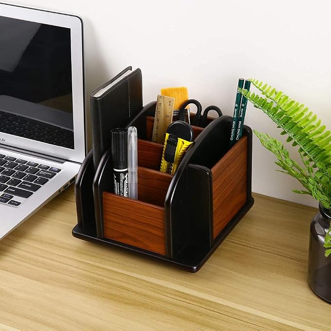 Siveit Wooden Desk Organizer, Desktop Office Supplies Storage Remote Control Caddy Holder (6-Compartment)