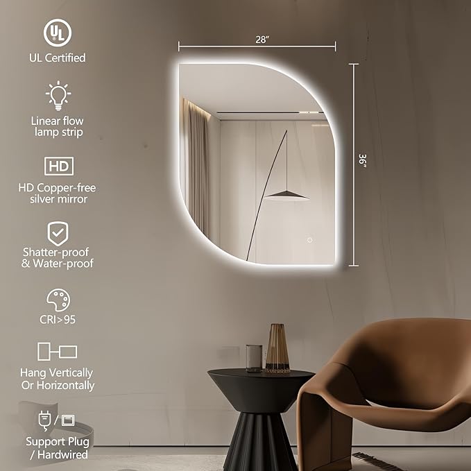 LED Bathroom Mirror with Lights, 36x24 Inch Leaf LED Backlit Mirror Irregular, Anti-Fog, Dimmable Light, Asymmetrical Vanity Mirror for Makeup, UL Listed, Room Decor for Bedroom Horizontal/Vertical