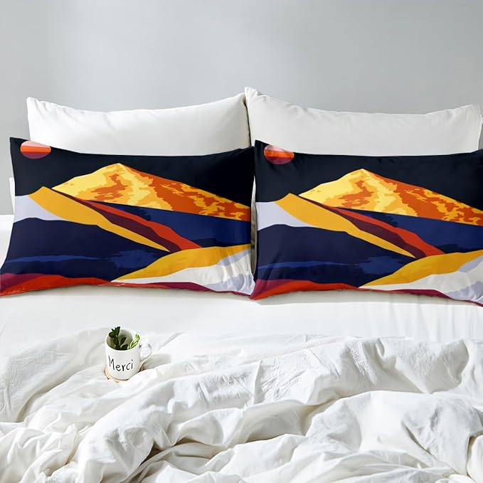 Erosebridal Mid Century Comforter Cover Boho Sunset Duvet Cover Nature Abstract Bedding Set King Black Gold Gray Bed Set Watercolor Mountain Quilt Cover Geometric Bedroom Decor 3pcs