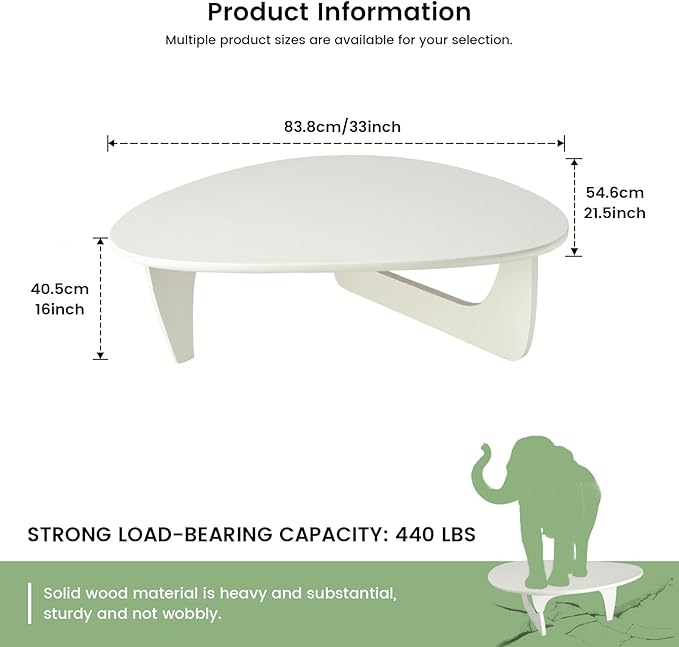 Solid Wooden Modern Triangle Coffee Table: Unique Funky Coffee Tables for Living Room, Oval Mid-Century Irregular Abstract Tea Tables for Patio Office Balcony Bedroom (White, 33" L x 24" W x 16" H)