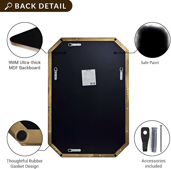 ANDY STAR Gold Octagon Bathroom Mirror, 30x40 Inch Stainless Steel Metal Frame, Anti-Rust, Shatterproof HD Glass, Wall Mounted for Bathroom, Bedroom, Living Room