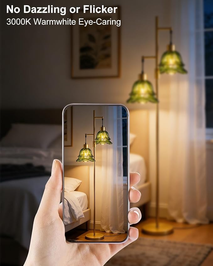 2-Light Modern Glass Floor Lamp, Gold Tall Standing Lamp with Green Tulip Glass Shade for Reading, Dimmable LED Floor Lamp with Rotary Switch for Living Room Bedroom Home Decor, Bulb Included