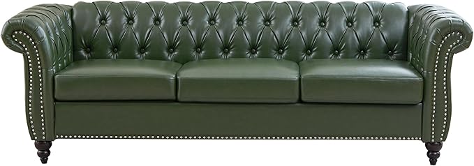 LEVNARY Chesterfield Sofa, 3 Seater Tufted Couch for Living Room, Classic Button Tufted Upholstered Sofa, Modern Mid-Century PU Leather Sofa (Green)