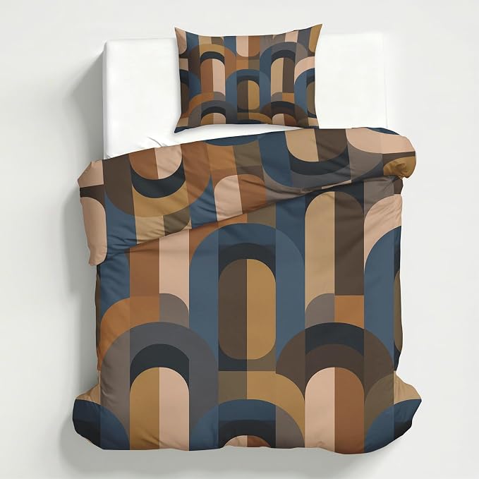 Mid Century Modern Duvet Cover King Size, Retro Geometric Bedding Set 3 pcs with 2 Pillow Covers, Abstract Boho Bedroom Decor, Soft Microfiber Reversible, Zipper & Ties KJJT 109