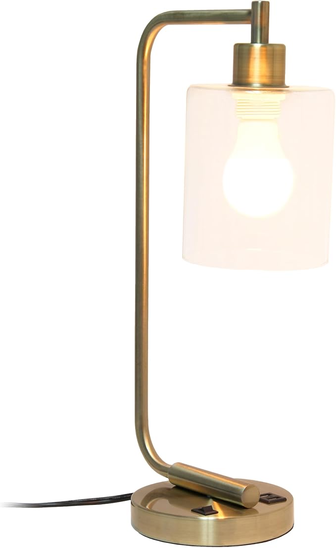 Simple Designs LD1066-ABS-LB Industrial Vintage Bronson Iron Lantern Desk Table Lamp with USB Port and Glass Cylinder Shade for Office, Living Room, Bedroom, Antique Brass, With Feit LED Bulb Included