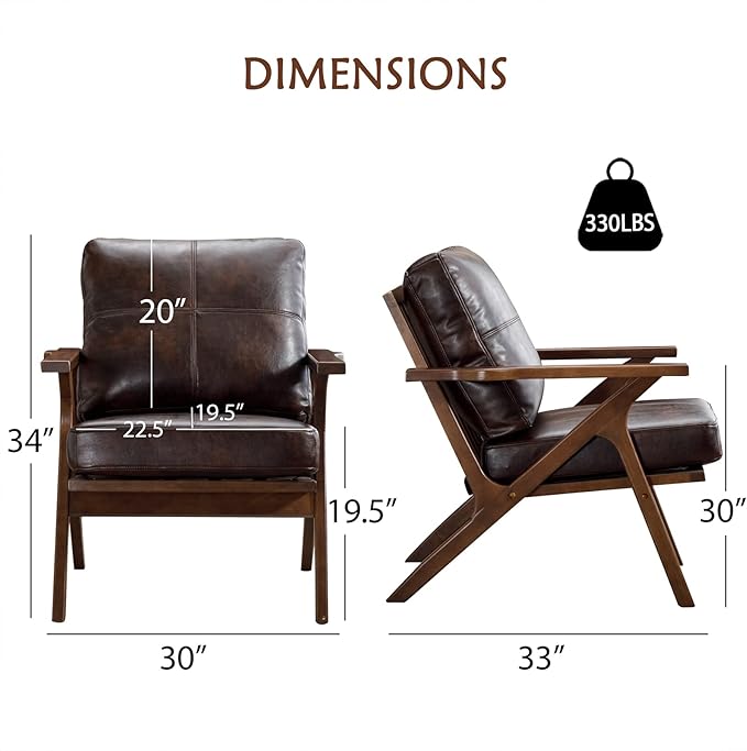 Bonzy Home PU Leather Small Accent Chair,Mid Century Modern Comfy Chairs, Upholstered Armchair with Solid Wood Frame & Removable Cushions, Retro Leisure Chair Reading Chair for Living Room, Bedroom
