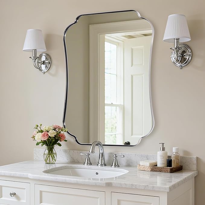 ANDY STAR Chrome Bathroom Mirror, 30x36 Inch Polished Chrome Mirror, Scalloped Bathroom Mirror with Stainless Steel Metal Frame, Rust-Proof Frame Deep 1’’