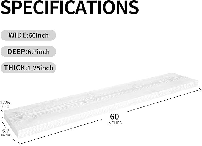 BGMG Wood Floating Shelves for Wall 60 inch Set of 2,White Floating Shelves,Solid Wood Wall Mount Shelves for Bathroom Living Room Bedroom Kitchen Farmhouse -60x6.7x1.75 inch