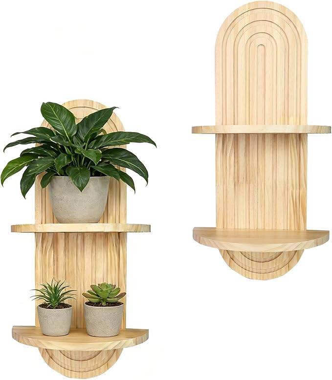 Boho Wall Shelves with Arched Wooden Design, Mid Century Modern Decor Plant Wall Shelf Set of 2, Double Floating Shelves for Home Living Room Bathroom Bedroom, 23.6 x 11.8 Inches (Natural)