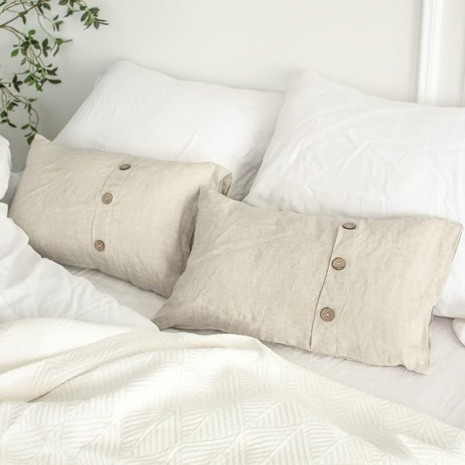 Simple&Opulence 100% Linen Lumbar Pillow Cover 12 x 20 Inch Set of 2 Rectangular Decorative Pillow Cover with Vintage Triple Coconut Button for Couch Sofa Bed Living Room Office Décor - Linen