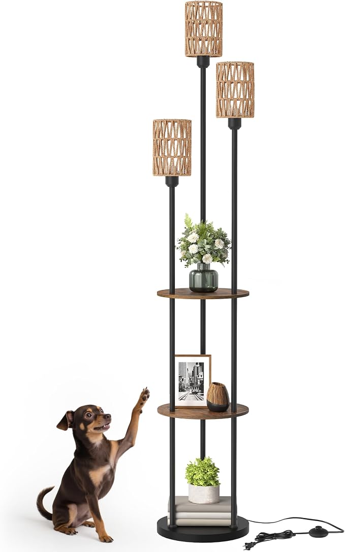 Floor Lamp with Shelves, Boho Floor Lamp with Foot Switch, 3-Light Standing Lamp, for Living Room, Bedroom, Study, Rustic Brown and Yellow YF53LD05 ﻿