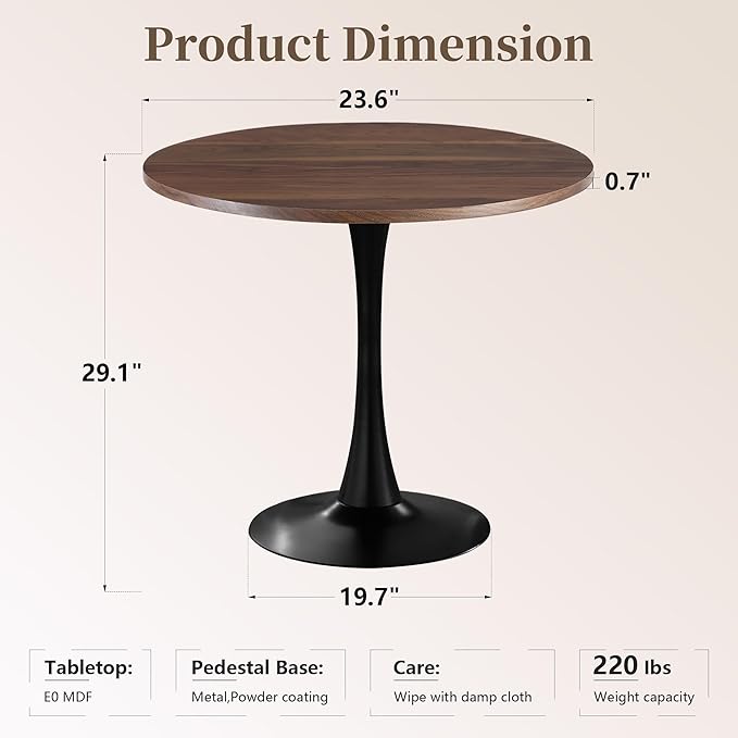 24 Inch Round Dining Table,Mid-Century Tulip Table with Metal Pedestal Base,Modern Leisure Table for Small Space Kitchen Dining Room,Easy Assembly,Walnut and Black