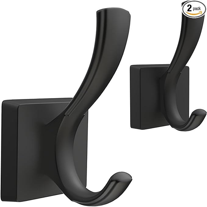 TOFIIGREM Black Towel Hooks, Coat Robe Hooks Bathroom Entryway Mudroom Pool Hooks for Wall Mount Hanging Towels Bathrobe Key Hat Backpack (2 Pack, Black)