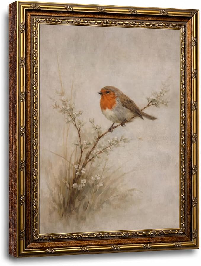 Vintage Gold Framed European Robin Perched on Branch Wall Art - Redbreast Robin Bird on Twig with Flowers Painting Print, Antique Gold Frame Nature Picture Wall Decor 8x10 Inch