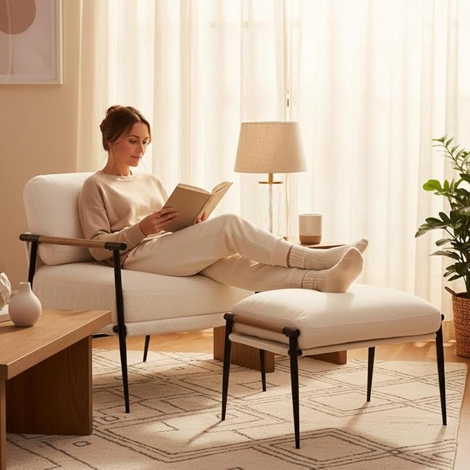 DUOMAY Mid Century Modern Accent Chair with Ottoman Set, Chenille Beige Upholstered Living Room Chair with Metal Legs Lazy Lounge Chair Set with Footrest for Bedroom Living Room