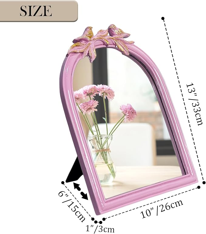 Pink Bird Bow Mirror - 13x10 Inch Elegant Decorative Accent, Wall-Mounted & Tabletop Makeup Mirror for Bedroom Decor