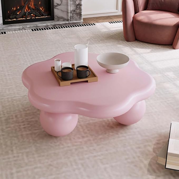 35" Modern Coffee Table Petal Shape Low Center Table Cute Irregular Indoor Tea Table with 3 Ball Legs for Living Room Apartment