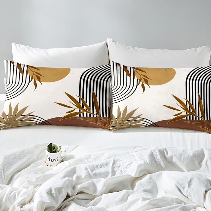 Erosebridal Mid Century Boho Duvet Cover Queen for Kids Teens Adults,Abstract Modern Sun Comforter Cover,Minimalist Golden Leaves Bedding Set,Geometric Aesthetic Bed Set 3 Pcs Bedroom Decor
