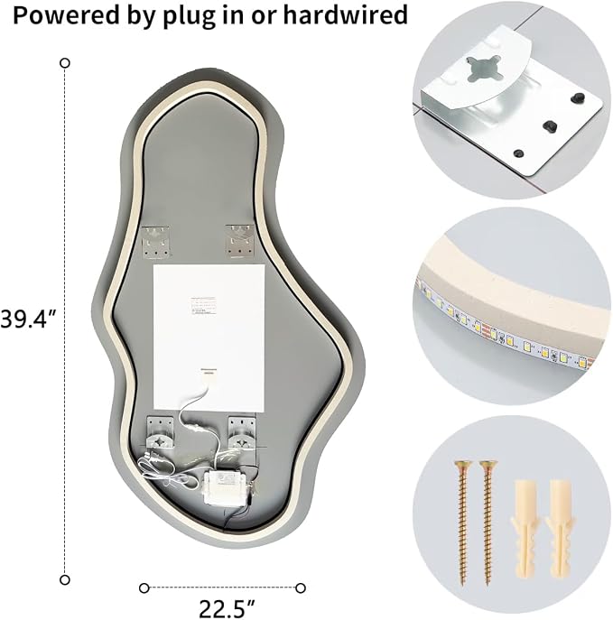 Modern Irregular LED Bathroom Mirror with Lights, Asymmetrical Frameless Smart Lighted Wall Mirror for Living Room Entryway, Large Decorative Makeup Vanity Mirror with Touch Switch(22.5″x39.4″)