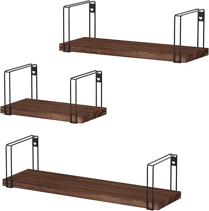 SRIWATANA Rustic Floating Shelves Wall Mount Set of 3, Hanging Wall Shelves, 17 Inch Natural Wood Shelves for Decor, Bedroom, Bathroom, Laundry Room, Living Room, Kitchen, Office - Dark Walnut