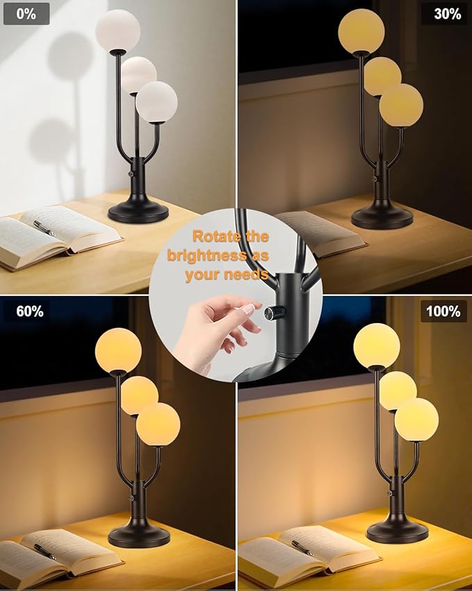 Lightdot Modern Black Globe Table Lamp Mid Century 3-Light Desk Lamp 3000K Warmwhite Dimmable Nightstand Lamp for Bedroom Bedside End Table(G9 Bulb Included)